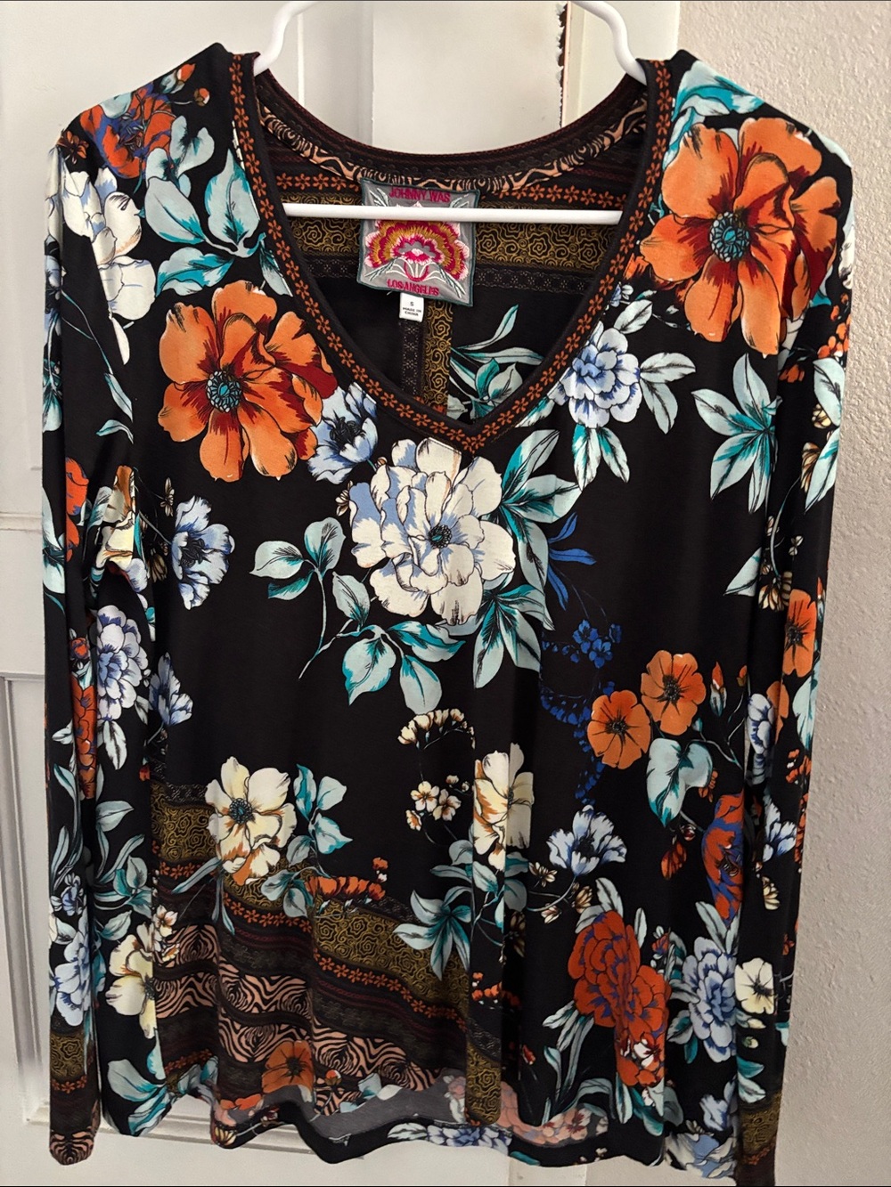 Johnny Was Black Floral V-Neck Long Sleeve Top with Orange & Cream Blooms